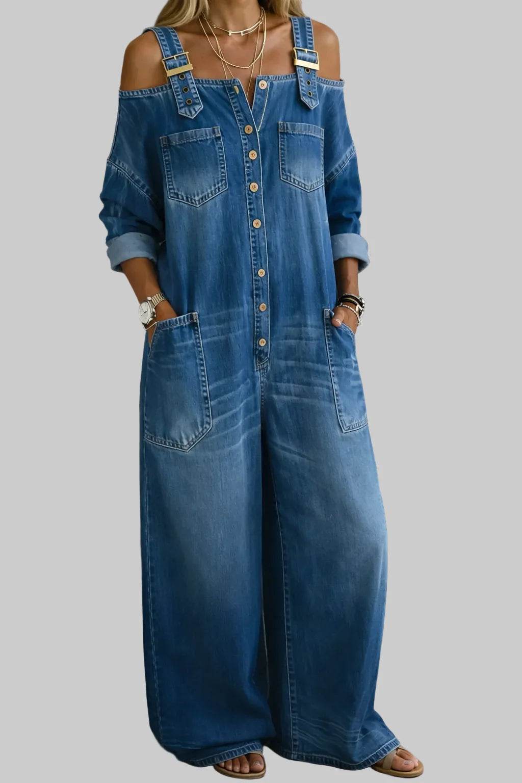 Stephanie™ | Off-Shoulder Denim Shirt Jumpsuit