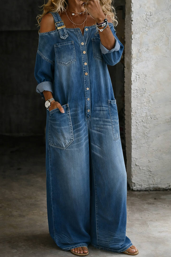 Stephanie™ | Off-Shoulder Denim Shirt Jumpsuit