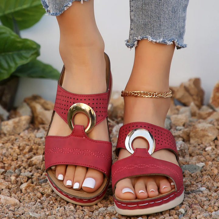 Summer Women's Toe-Exposing Sandals Casual Metal Buckle Sandals Wedge Heel with Thick Sole Openwork Slip-On Women's Shoes