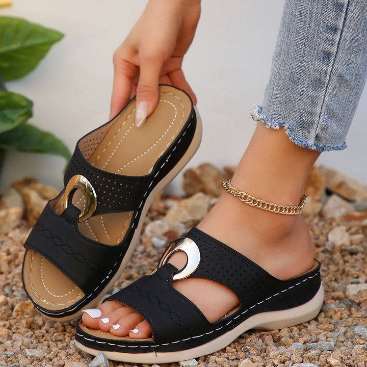 Summer Women's Toe-Exposing Sandals Casual Metal Buckle Sandals Wedge Heel with Thick Sole Openwork Slip-On Women's Shoes