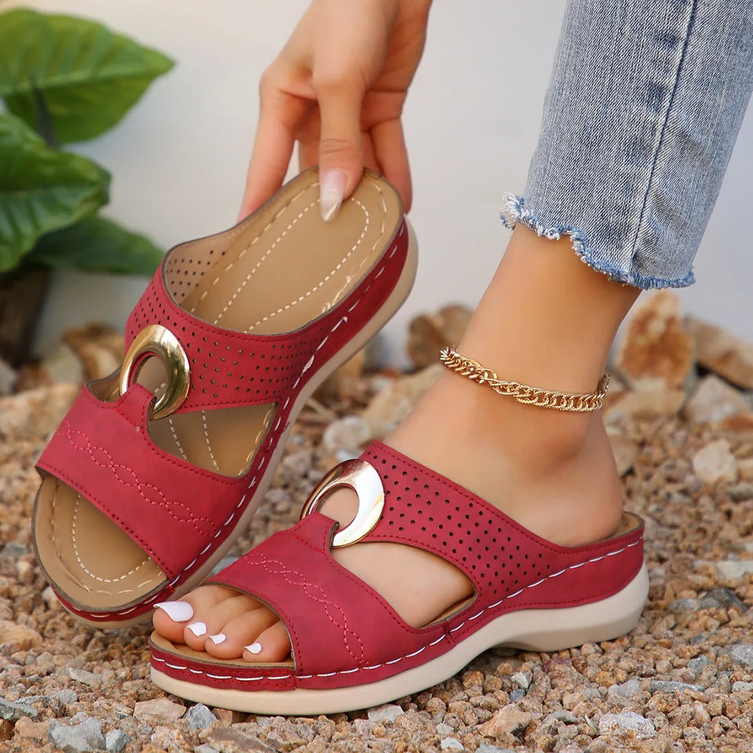 Summer Women's Toe-Exposing Sandals Casual Metal Buckle Sandals Wedge Heel with Thick Sole Openwork Slip-On Women's Shoes